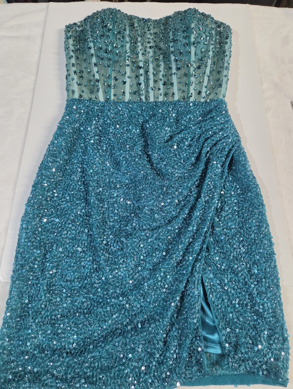 Primavera Strapless Teal Sequin Sweetheart Dress
